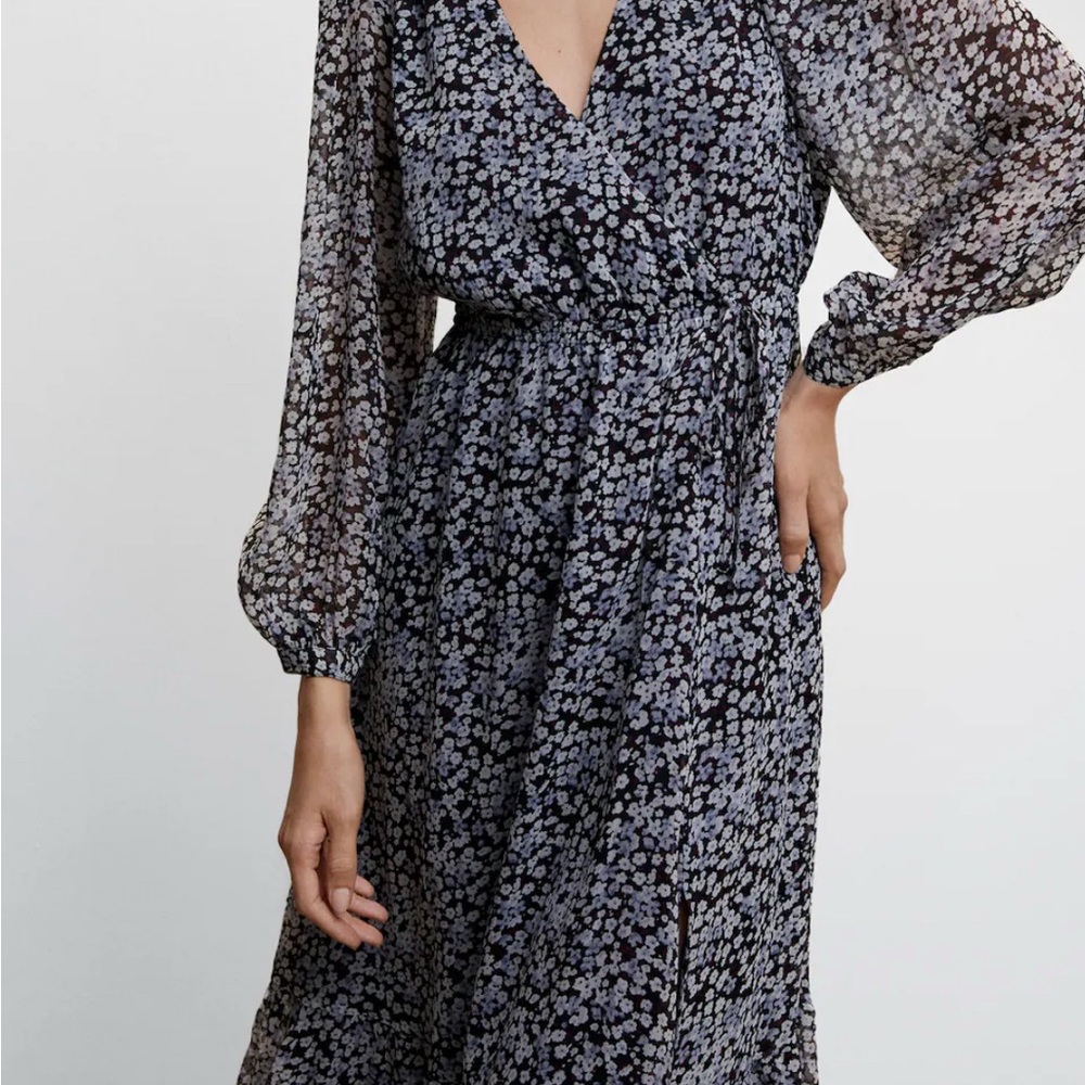 Mango Black and Blue Floral Long Sleeve Dress